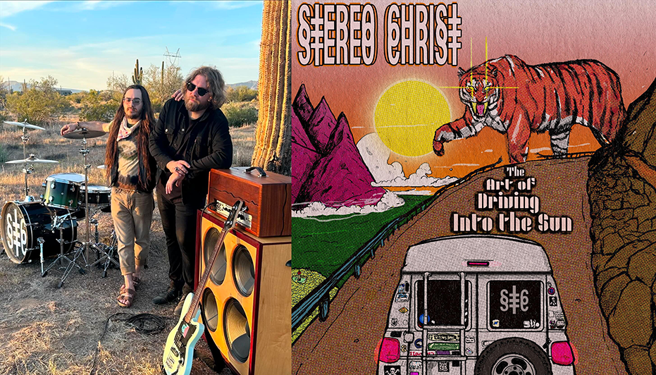 Composite image of U.S. Punk Rock band Stereo Christ with the album art from their new LP "The Art Of Driving Into The Sun."